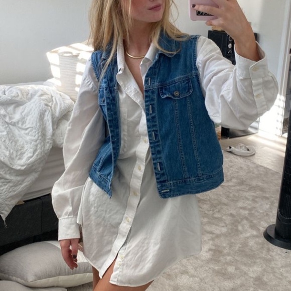 90s Denim Vest Sleeveless Button Down Waistcoat Collar Pockets Jean Cropped - Picture 1 of 10